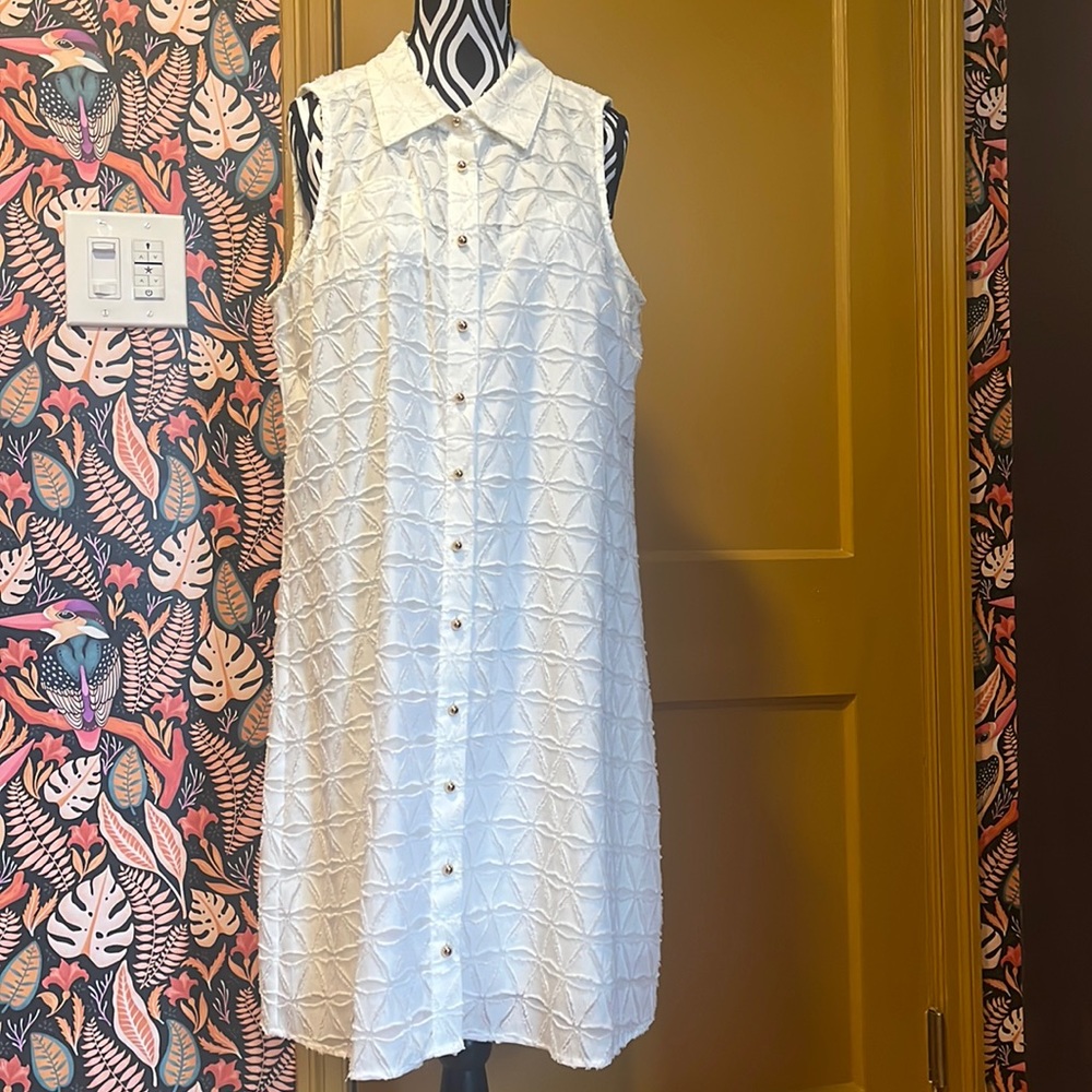 Sleeveless White Calvin Klein Gold Button Up Shirt Dress